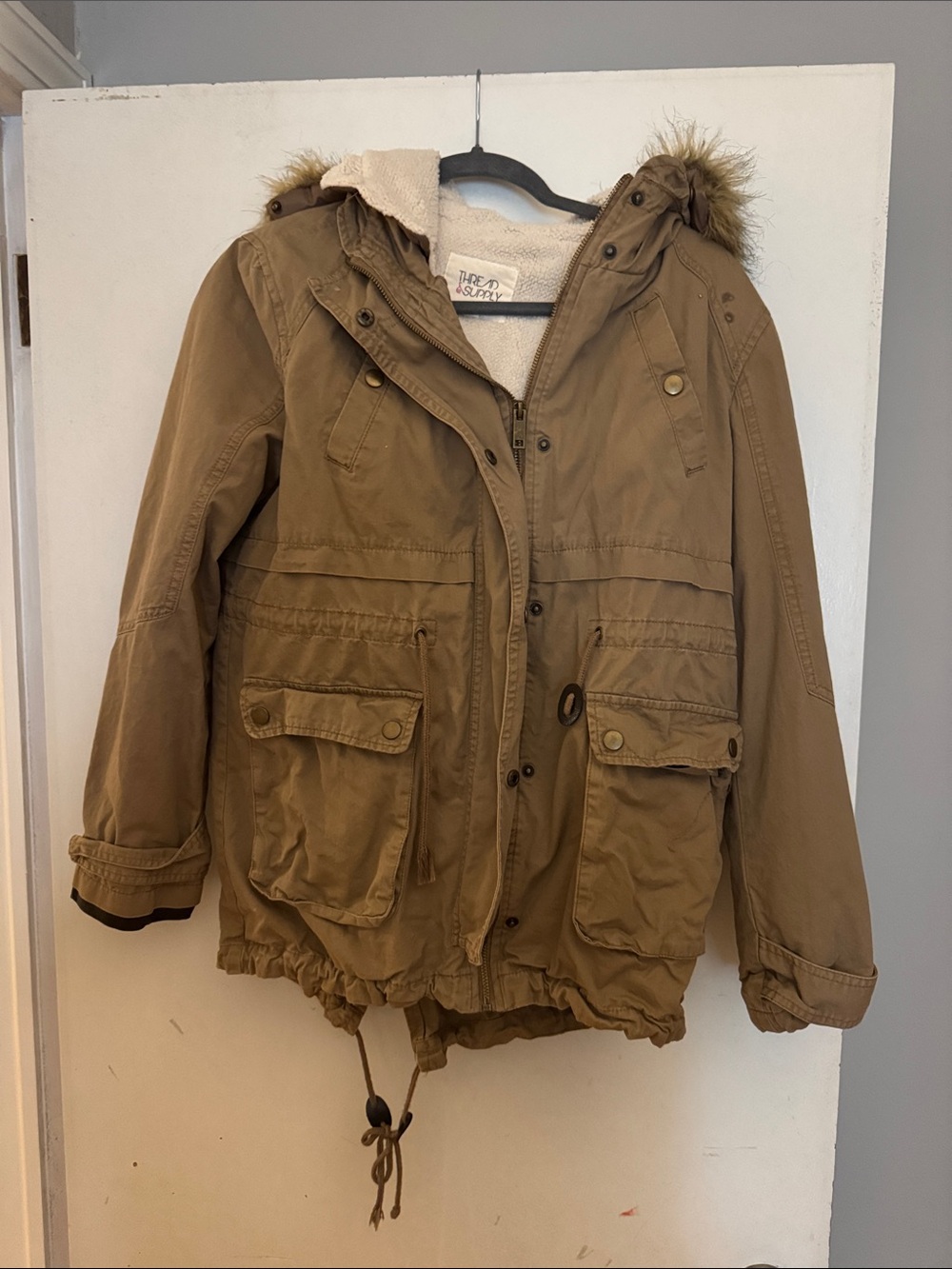 Thread & Supply Tan Hooded Puffer Jacket with Faux Fur Trim